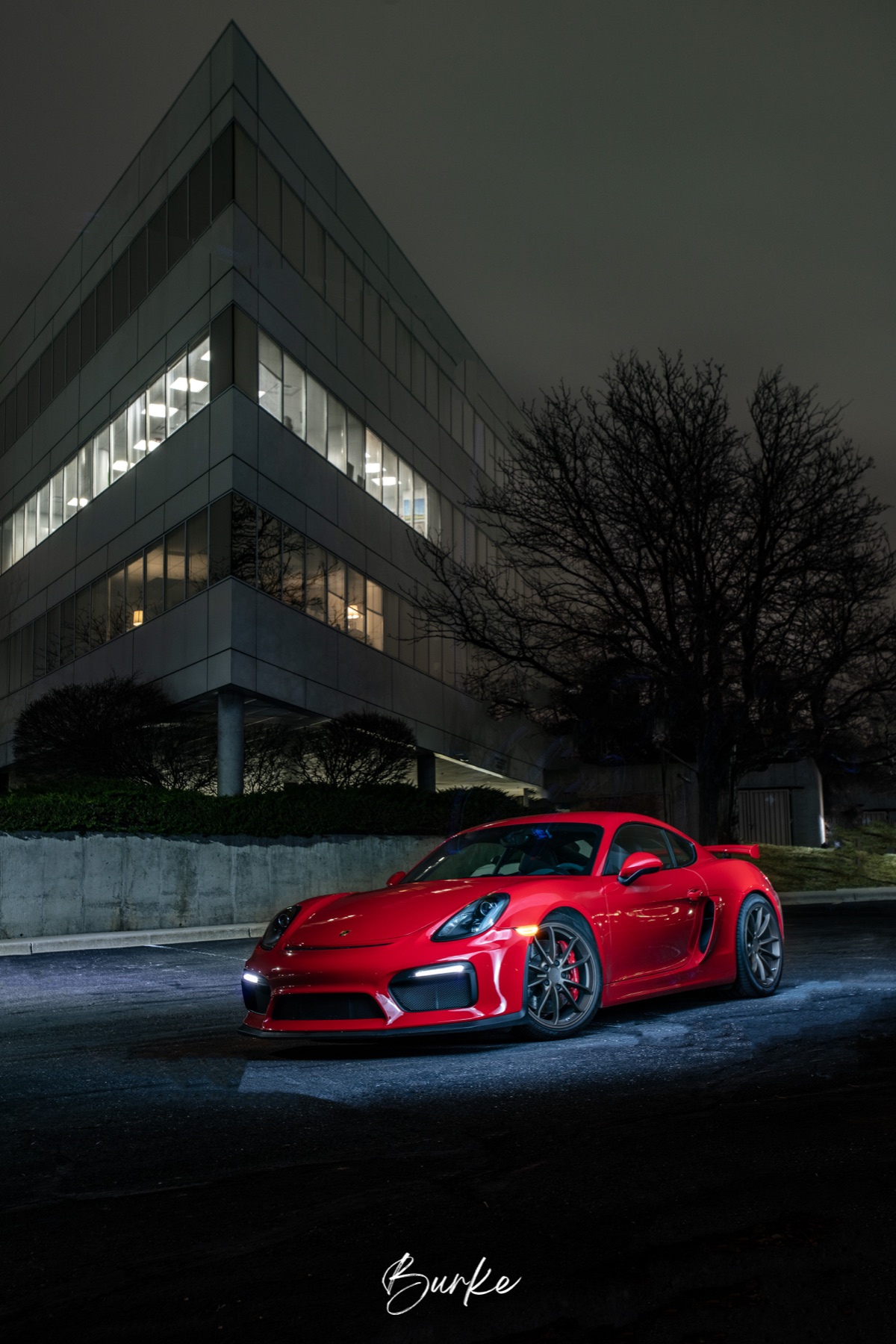 Burke Car Photos glamour shot of a Porsche Cayman GT4 at night, part of a Grand Portrait photo shoot